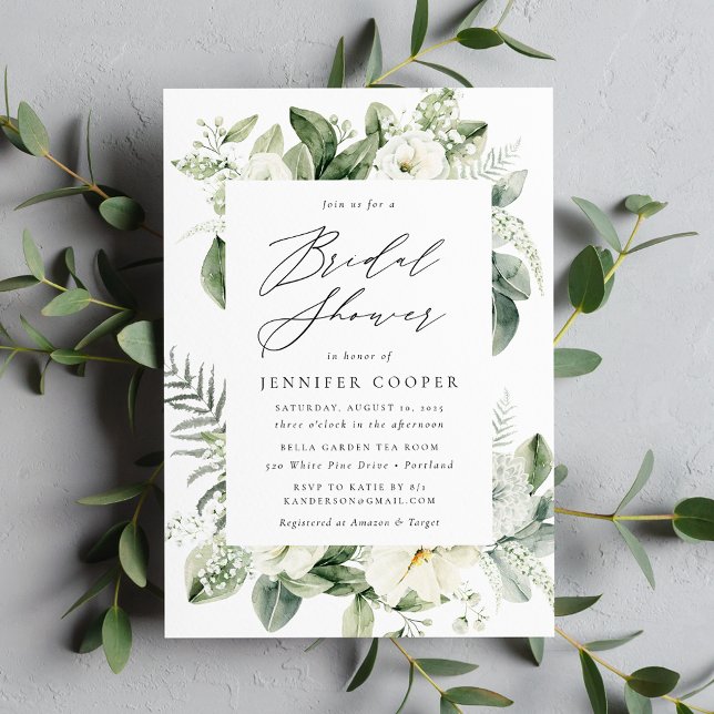 Lush White Flowers and Greenery Bridal Shower Invitation (Creator Uploaded)