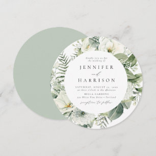 Lush White Flowers and Greenery Circle Wedding Invitation