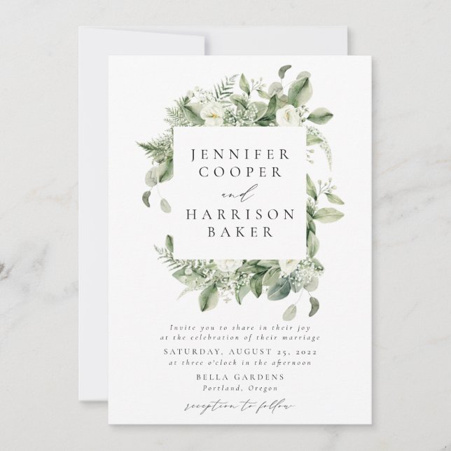 Lush White Flowers and Greenery Frame Wedding Invitation (Front)