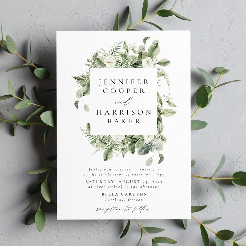 Lush White Flowers and Greenery Frame Wedding Invitation