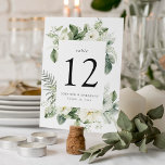 Lush White Flowers and Greenery Frame Wedding Table Number<br><div class="desc">Elegant, floral table number cards featuring the table number, your names, and wedding date framed by painted white gardenia flowers, sprigs of baby's breath, dahlias, sage green fern leaves, and vibrant green leaves. The design repeats on reverse side. Designed to coordinate with our Lush White Flowers and Greenery wedding collection....</div>