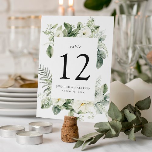 Lush White Flowers and Greenery Frame Wedding Table Number