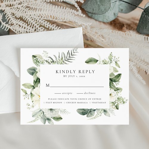 Lush White Flowers and Greenery Meal Choice RSVP Card