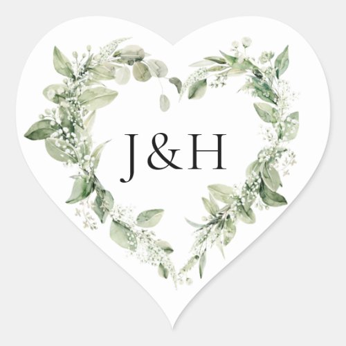 Lush White Flowers and Greenery Monogram Wedding Heart Sticker