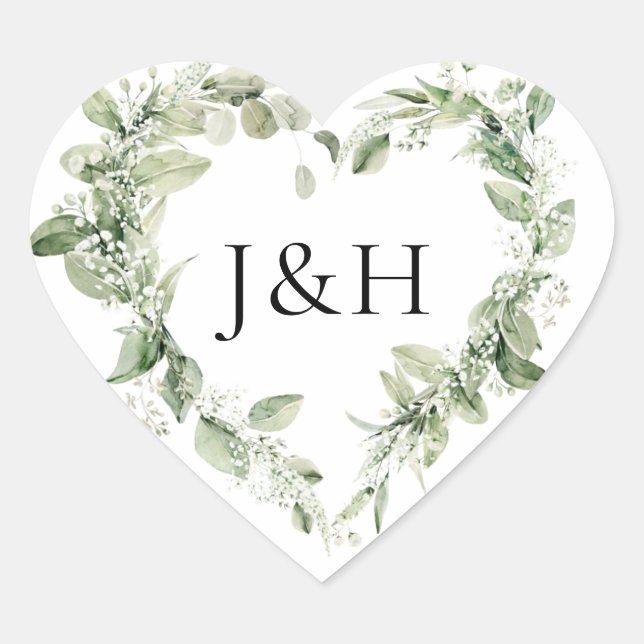 Lush White Flowers and Greenery Monogram Wedding Heart Sticker (Front)