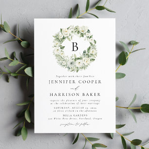 Lush White Flowers and Greenery Monogram Wedding Invitation