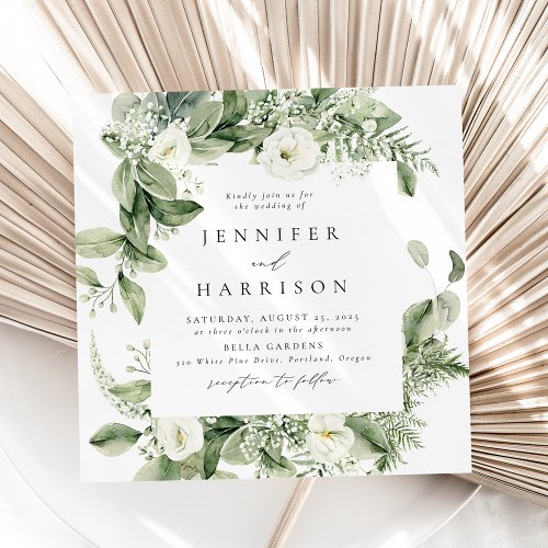 Lush White Flowers and Greenery Square Wedding Invitation
