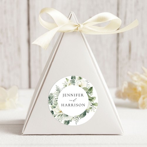 Lush White Flowers and Greenery Wedding Classic Round Sticker