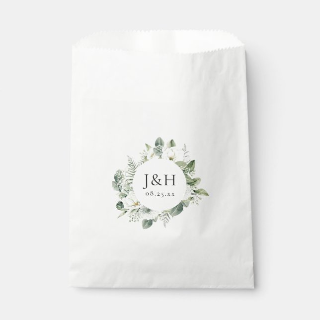 Lush White Flowers and Greenery Wedding Monogram Favor Bag (Front)