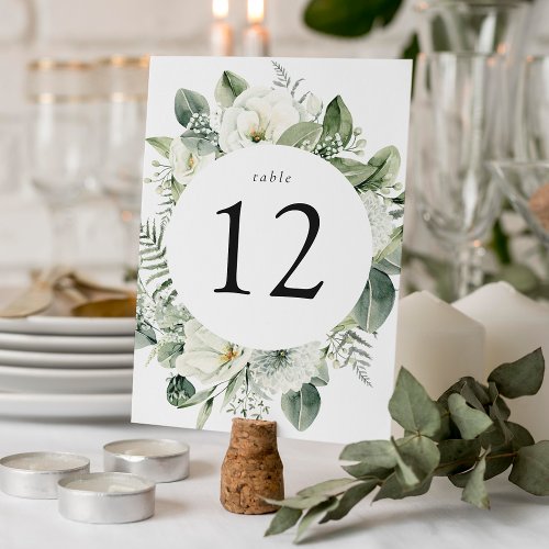 Lush White Flowers and Greenery Wedding Table Number