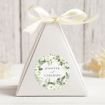 Lush White Flowers and Greenery Wreath Wedding Classic Round Sticker<br><div class="desc">Seal your wedding invitation envelopes or favors with our elegant floral wedding stickers featuring your names encircled by a wreath of painted white gardenia flowers,  sprigs of baby's breath,  dahlias,  sage green fern leaves,  and vibrant green leaves. Designed to coordinate with our Lush White Flowers and Greenery collection.</div>
