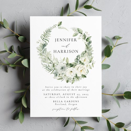 Lush White Flowers and Greenery Wreath Wedding Invitation