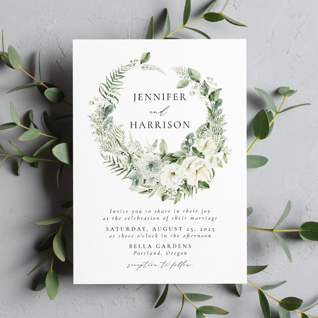 Lush White Flowers and Greenery Wreath Wedding Invitation (Creator Uploaded)