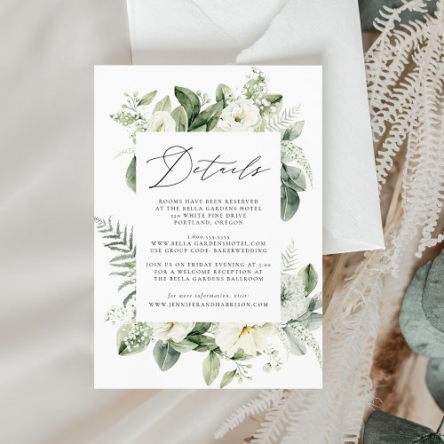 Lush White Flowers  Greenery Guest Information Enclosure Card
