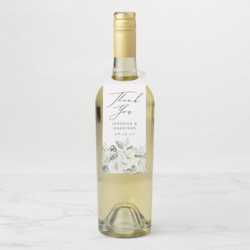 Lush White Flowers  Greenery Personalized Wedding Bottle Hanger Tag