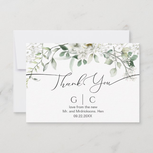 Lush White Flowers Wedding  Thank You Card (Front)