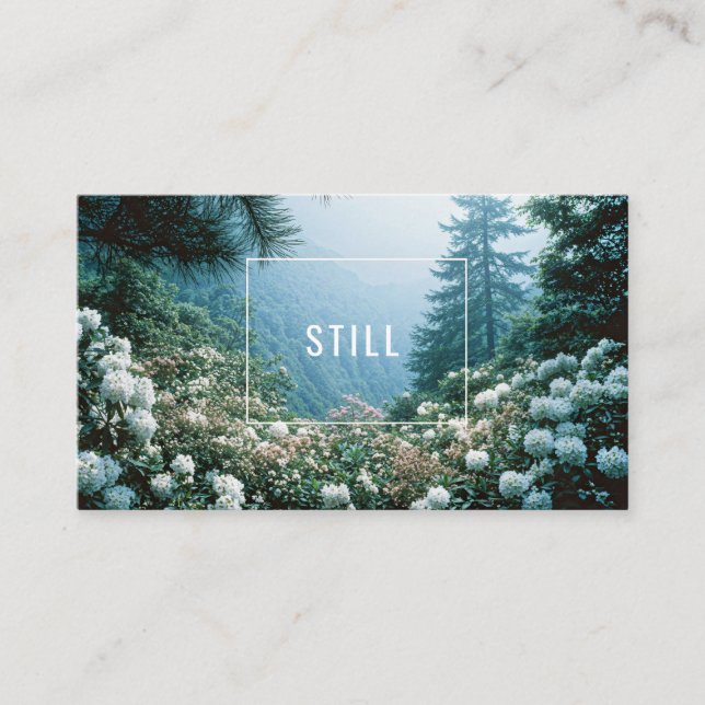 Lush White Hydrangea Flower Misty Mountain Forest Business Card (Front)