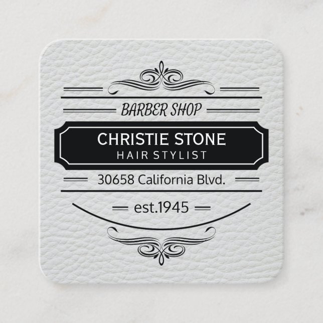 Lush White Leather Print Retro Label Barber Square Business Card (Front)