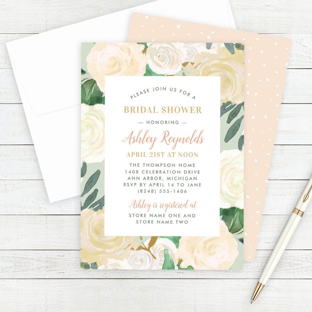 Lush White Rose Peach Wedding Bridal Shower Invitation (Creator Uploaded)