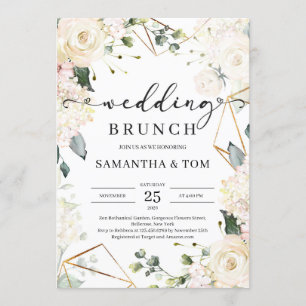 Lush white roses green eucalyptus wedding brunch invitation