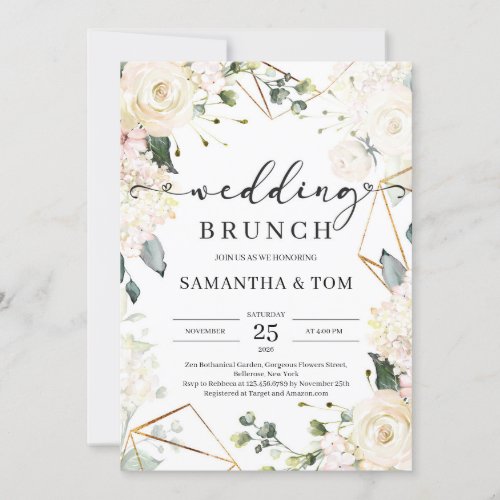 Lush white roses green eucalyptus wedding brunch invitation
