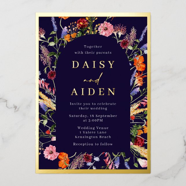 Lush Wildflowers Navy & Gold Foil Wedding Invitation (Front)