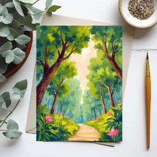 Lush Wood Stroll Green Nature Watercolor Postcard