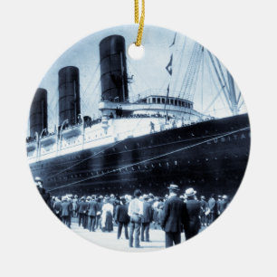 Lusitania Docked in New York City Blue Tone Ceramic Ornament