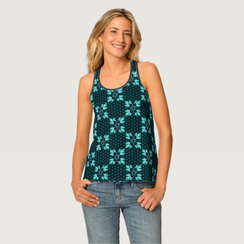 Lustrous Aqua and Black Floral Tank Top