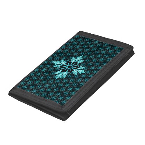 Lustrous Aqua Teal and Black Flower Trifold Wallet