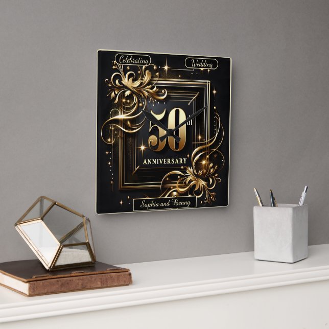 Lustrous Gold: 50-Year Celebration Square Wall Clock (Office)
