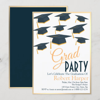 Lustrous Navy & Gold  Hats Graduation Invitation