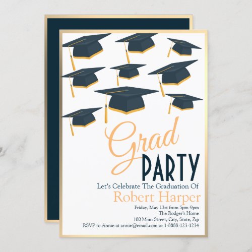 Lustrous Navy  Gold  Hats Graduation Invitation