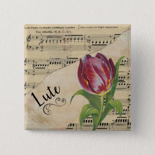 Lute Elegant Tulip Vintage Sheet Music Square Button