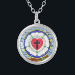 Luther Rose Stained Glass Round Necklace<br><div class="desc">The Luther Rose's symbolism dates back to the 1520s. Luther explained that the red heart with the black cross represents the righteous living by faith in Christ the Crucified. The heart rests on a white rose, symbolizing joy, comfort, and peace found through faith. The choice of white reflects the color...</div>