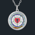 Luther Rose Stained Glass Round Necklace<br><div class="desc">The Luther Rose's symbolism dates back to the 1520s. Luther explained that the red heart with the black cross represents the righteous living by faith in Christ the Crucified. The heart rests on a white rose, symbolizing joy, comfort, and peace found through faith. The choice of white reflects the color...</div>