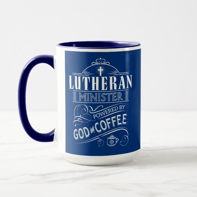 Lutheran Minister, powered by God and Coffee Mug (Left)