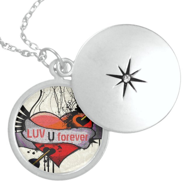 Luv U Forever Gothic Grunge Heart Arrow Locket Necklace (Front)