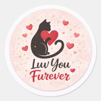Luv You Furever Cat Sticker – Pink with Red Hearts