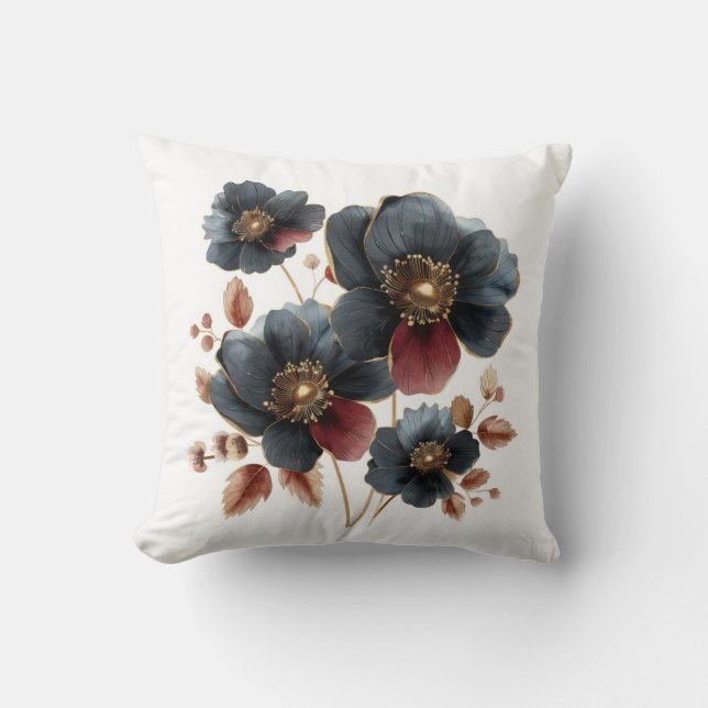 Lux black burgundy and gold pressed flowers throw pillow (Front)