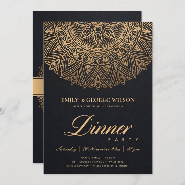 LUX BLACK GOLD CLASSIC ORNATE MANDALA DINNER PARTY INVITATION (Front/Back)