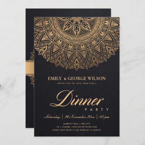 LUX BLACK GOLD CLASSIC ORNATE MANDALA DINNER PARTY INVITATION