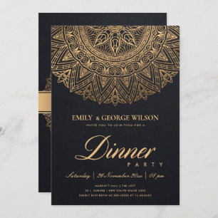 LUX BLACK GOLD CLASSIC ORNATE MANDALA DINNER PARTY INVITATION