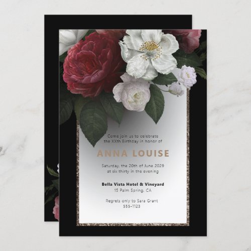 Lux Black Gold Red Pink White Floral Birthday Invitation