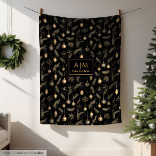 Lux black & gold watercolor Christmas custom name Fleece Blanket