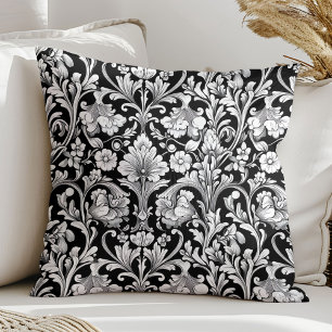 Lux black silver floral Art nouveau William Morris Throw Pillow