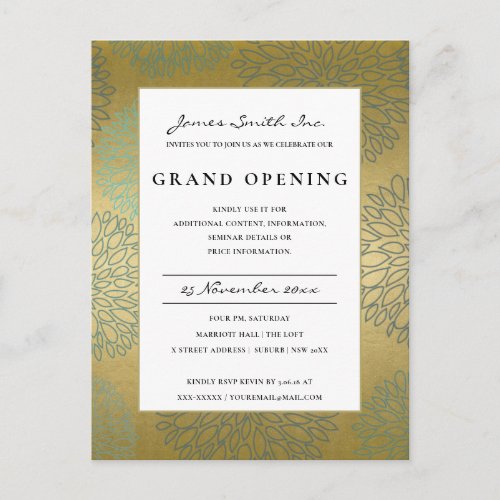 LUX BLUE GOLD DAHLIA FLORAL GRAND OPENING INVITE