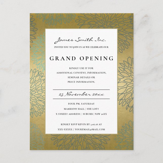 LUX BLUE GOLD DAHLIA FLORAL GRAND OPENING INVITE (Front)