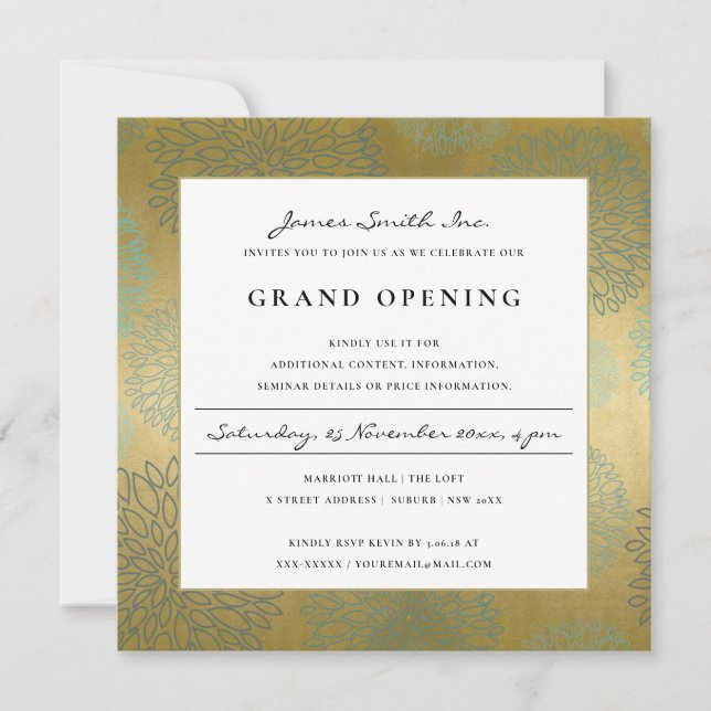 LUX BLUE GOLD DAHLIA FLORAL GRAND OPENING INVITE (Front)