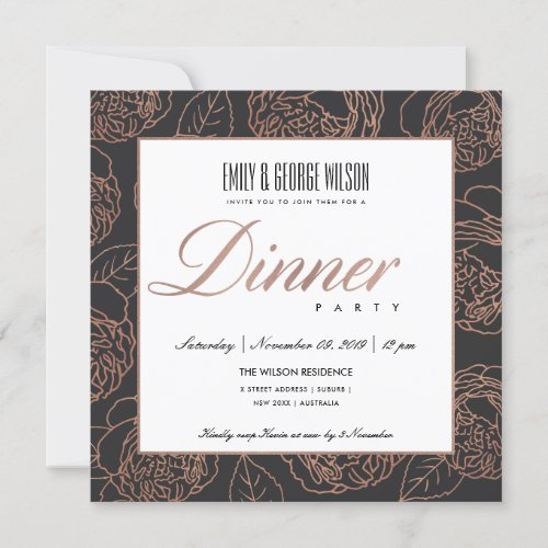 LUX BLUSH PINK ROSE GOLD BLACK FLORAL DINNER PARTY INVITATION
